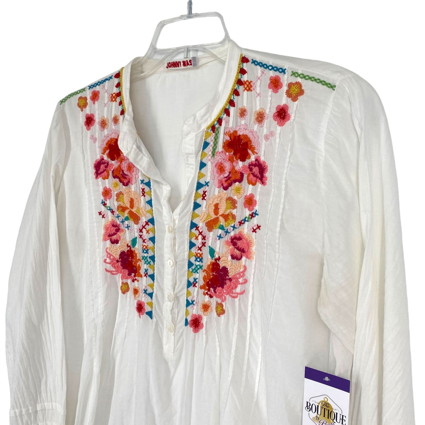 Johnny Was Womens L Boho Tunic Blouse White Floral Embroidery White Long Sleeve