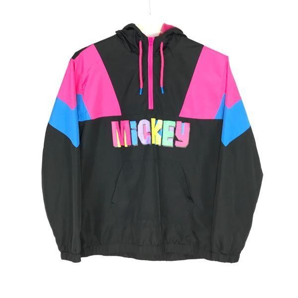 Vintage Disney S/M Quarter Zip Hoodie Windbreaker Mickey Mouse Pink and Black