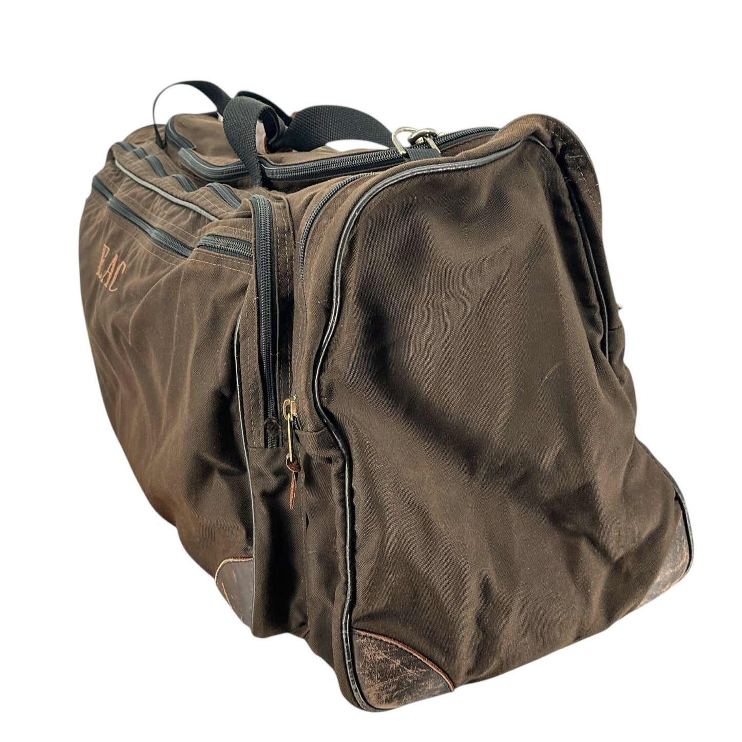 Vintage LL Bean Brown Canvas Weekend Duffel Bag Leather Accents Multiple Pockets