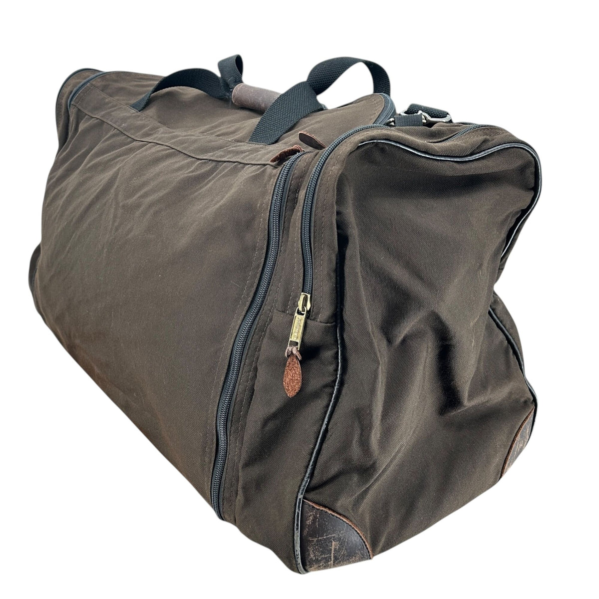 Vintage LL Bean Brown Canvas Weekend Duffel Bag Leather Accents Multiple Pockets