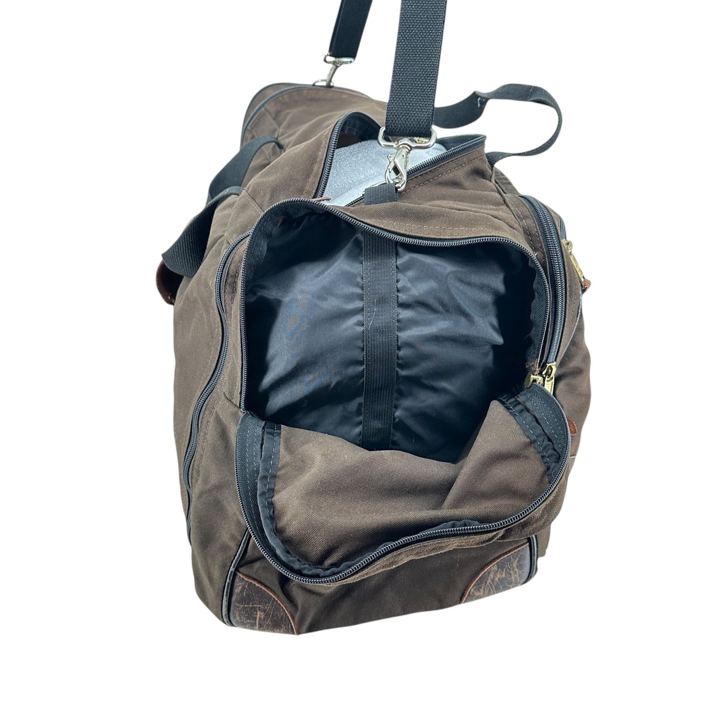 Vintage LL Bean Brown Canvas Weekend Duffel Bag Leather Accents Multiple Pockets