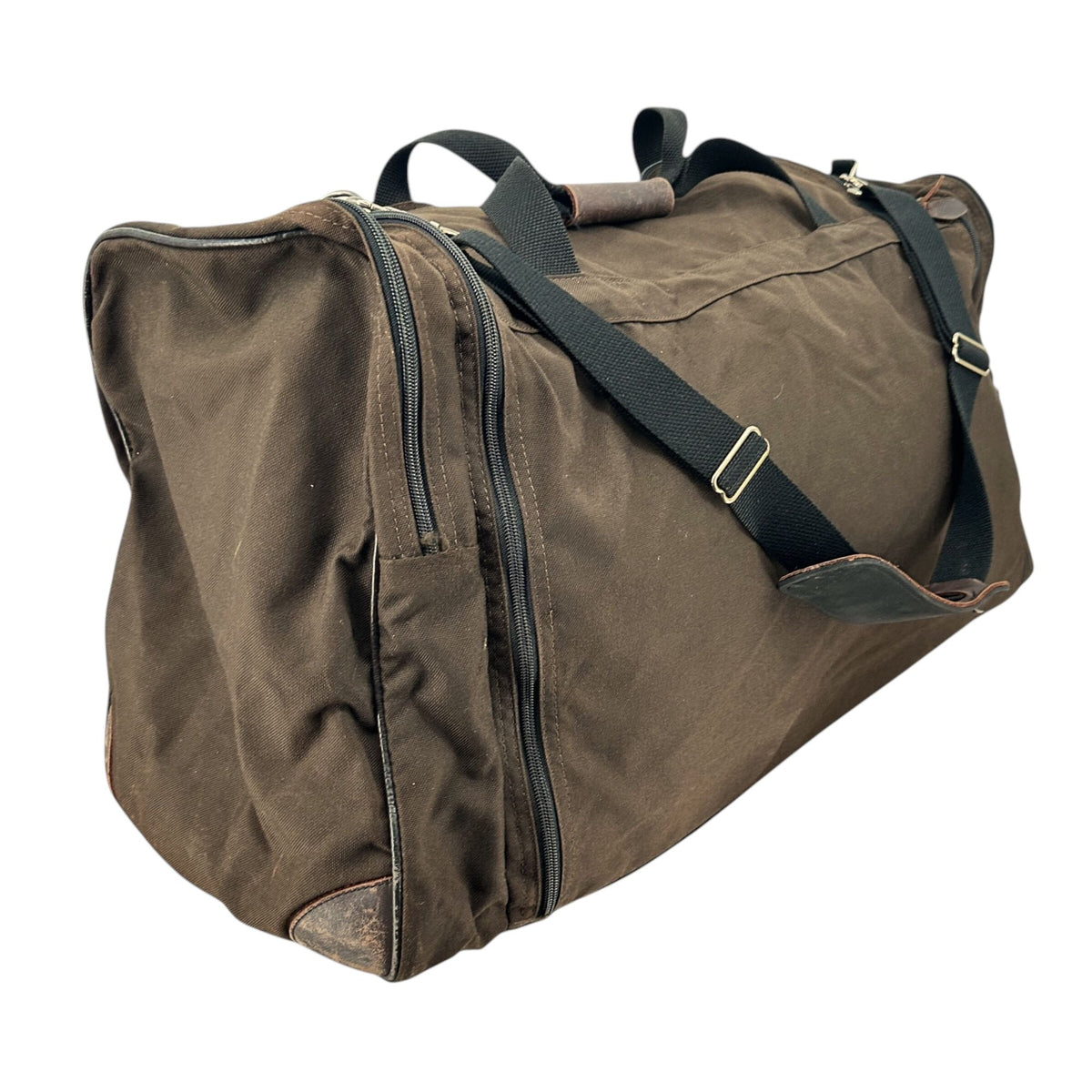 Vintage LL Bean Brown Canvas Weekend Duffel Bag Leather Accents Multiple Pockets