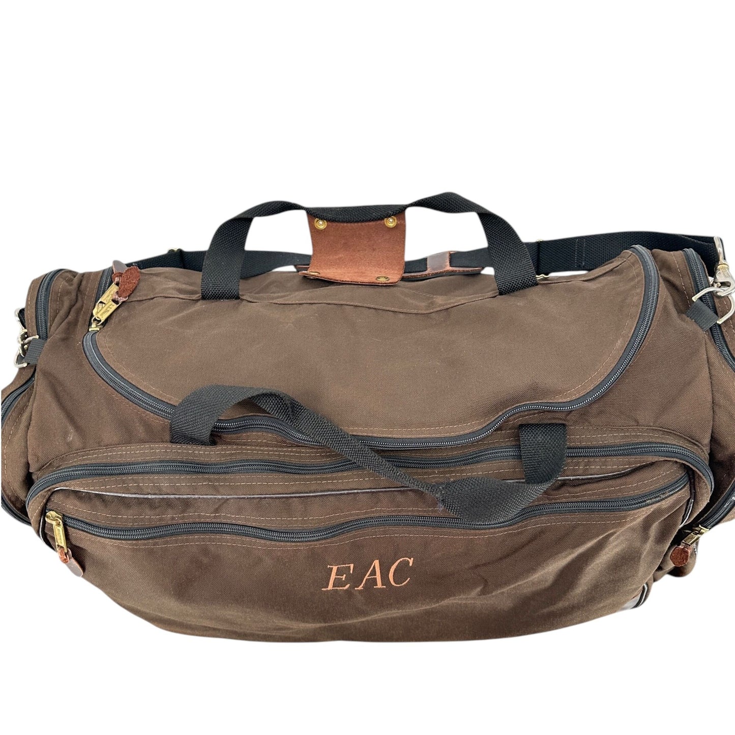 Vintage LL Bean Brown Canvas Weekend Duffel Bag Leather Accents Multiple Pockets