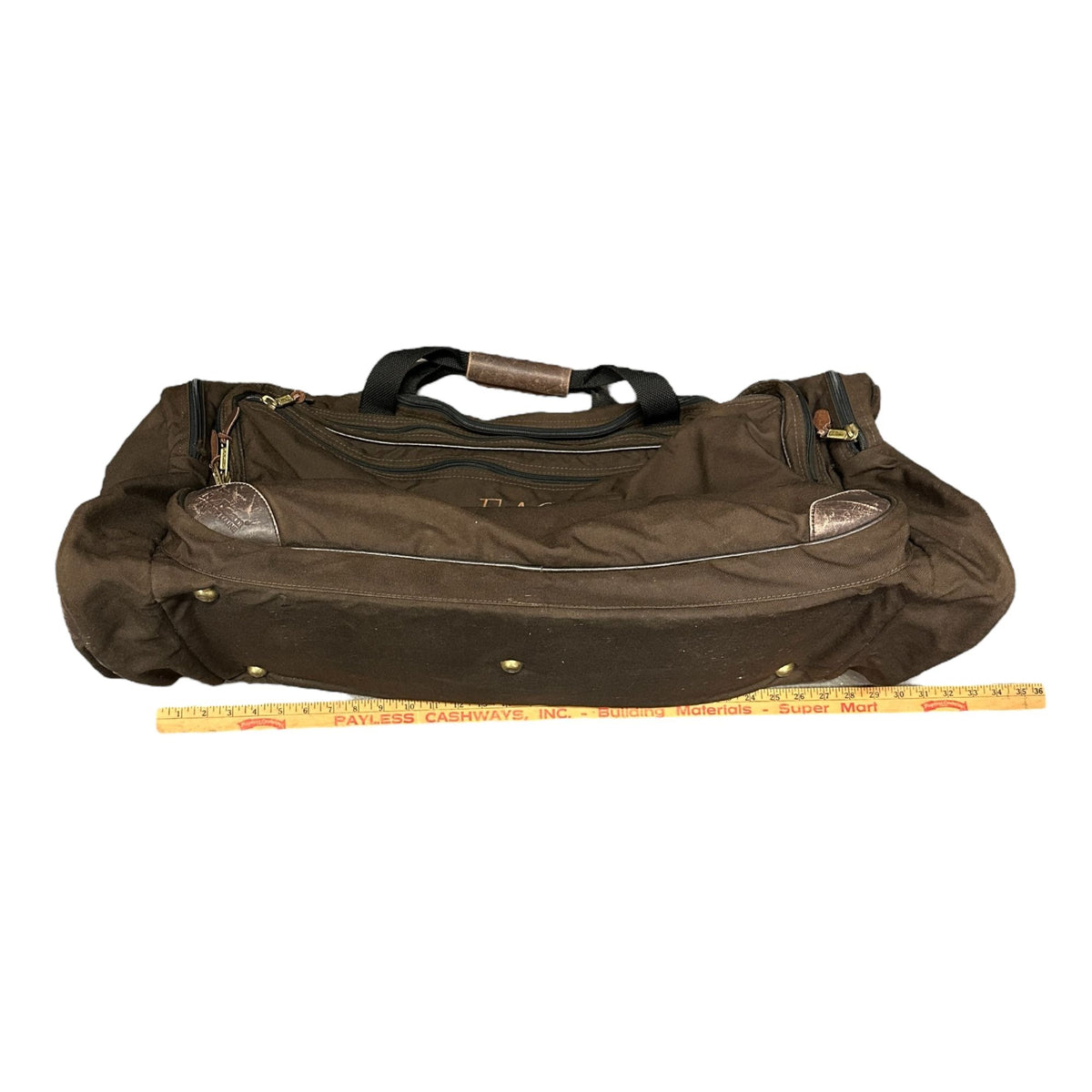 Vintage LL Bean Brown Canvas Weekend Duffel Bag Leather Accents Multiple Pockets