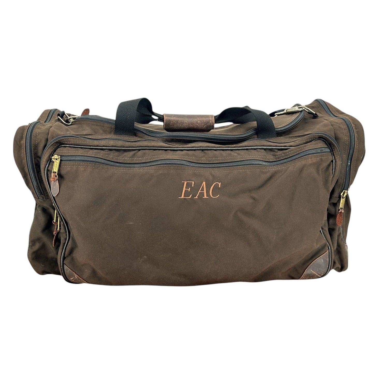 Vintage LL Bean Brown Canvas Weekend Duffel Bag Leather Accents Multiple Pockets