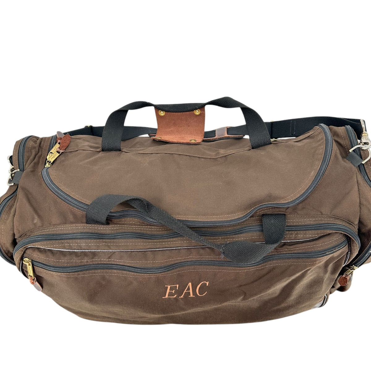 Vintage LL Bean Brown Canvas Weekend Duffel Bag Leather Accents Multiple Pockets