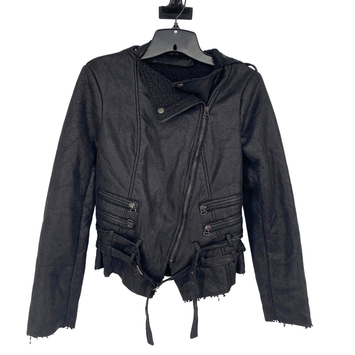 BKE Moto Jacket Womens S Black Belted Full Zip Sherpa Lined Zip Pockets Raw Hem