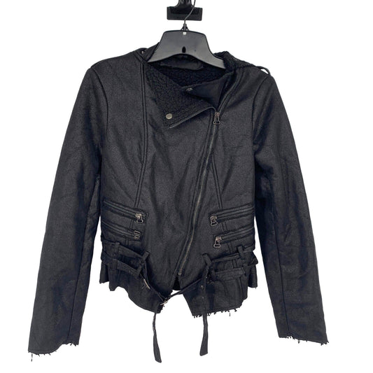 BKE Moto Jacket Womens S Black Belted Full Zip Sherpa Lined Zip Pockets Raw Hem
