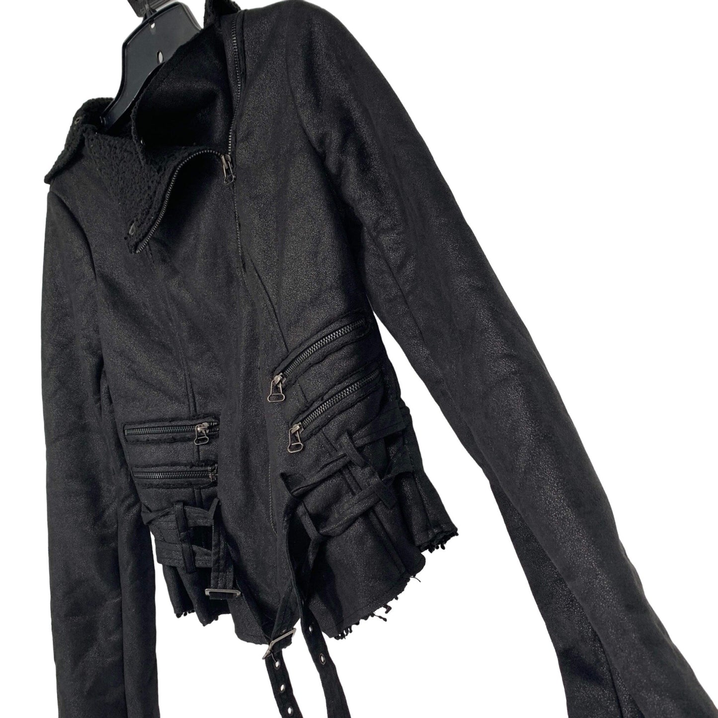 BKE Moto Jacket Womens S Black Belted Full Zip Sherpa Lined Zip Pockets Raw Hem