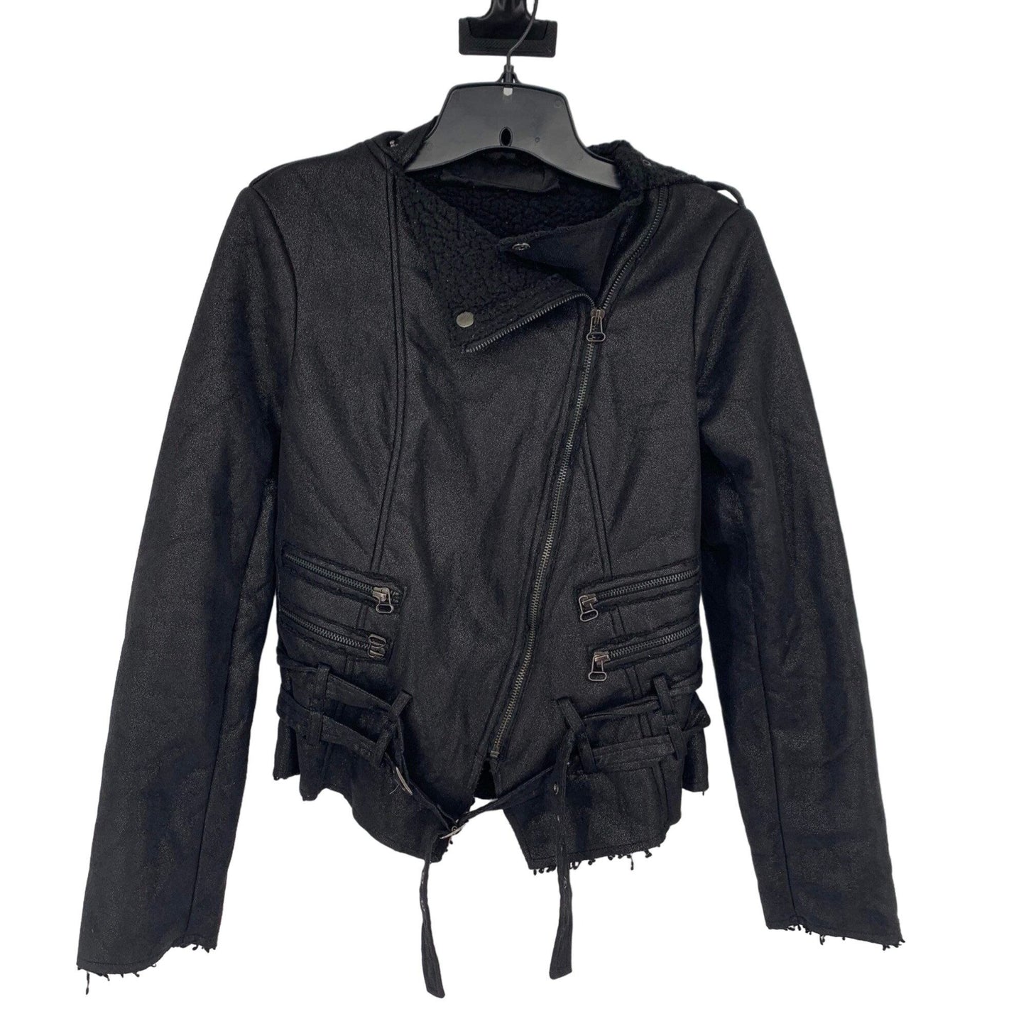 BKE Moto Jacket Womens S Black Belted Full Zip Sherpa Lined Zip Pockets Raw Hem