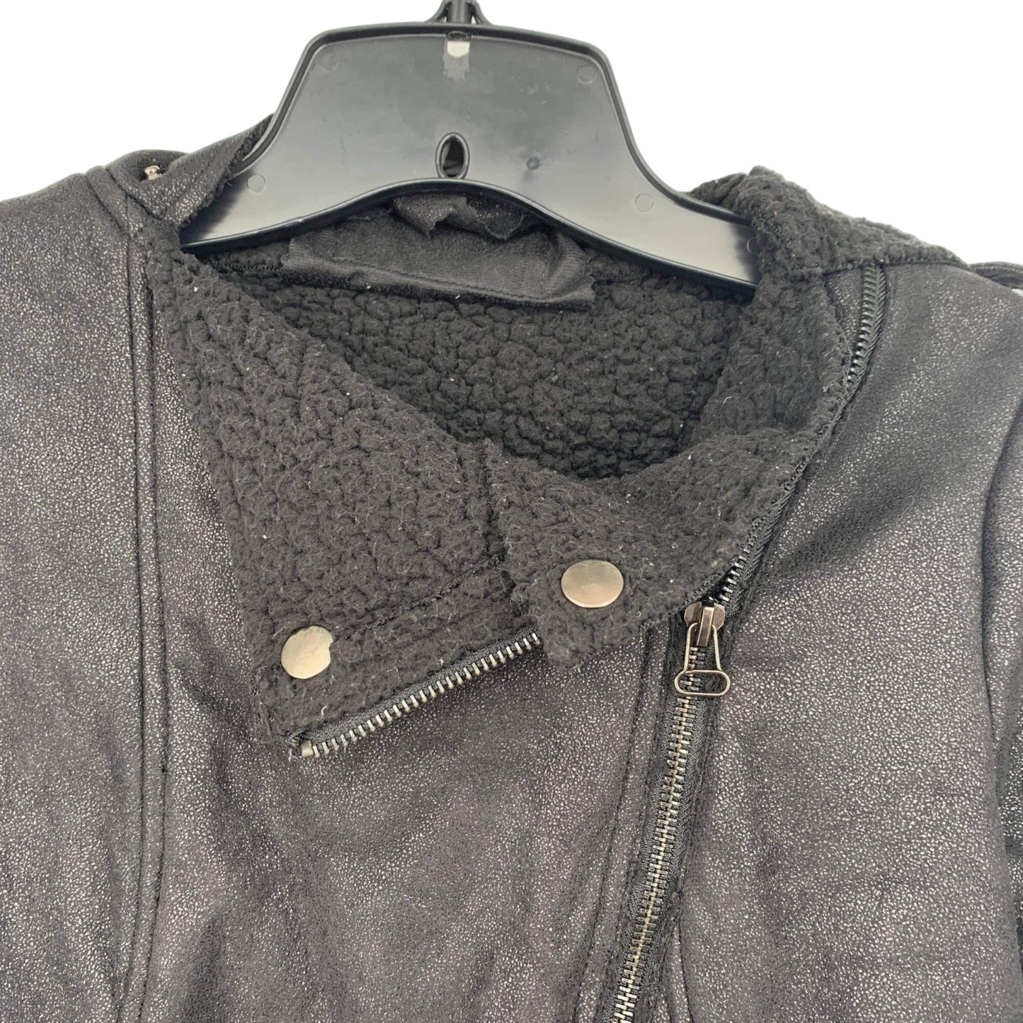 BKE Moto Jacket Womens S Black Belted Full Zip Sherpa Lined Zip Pockets Raw Hem