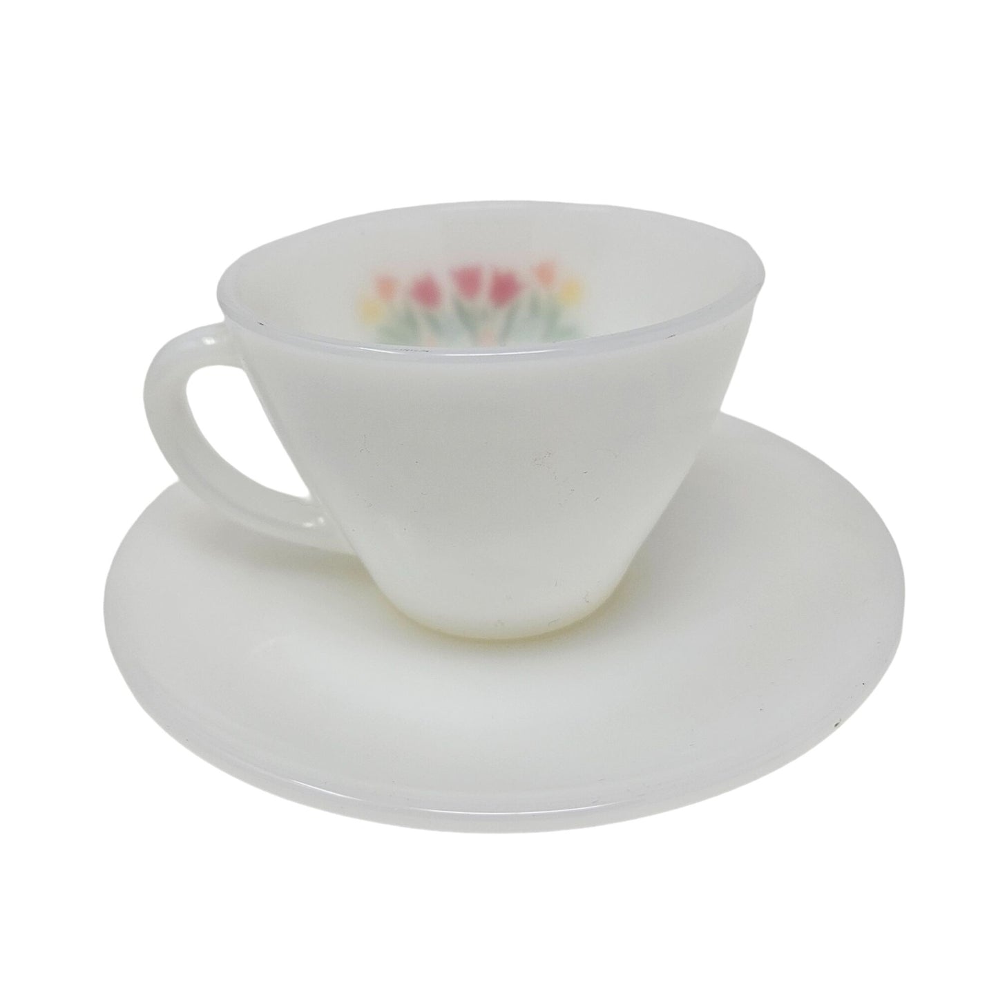 Vintage 1950s Anchor Hocking Fire King Milk Glass Tulip Tea Cup and Saucer Set