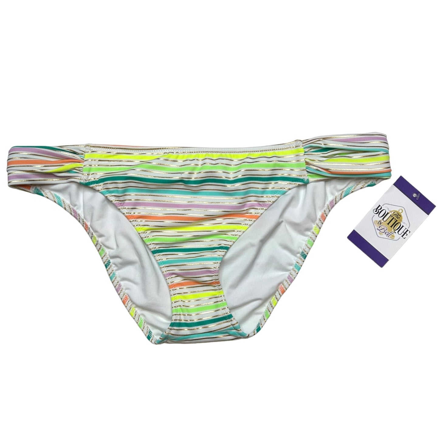 NEW Victoria's Secret M Rainbow Stripe Hipster Bikini Bottoms Metallic Gold