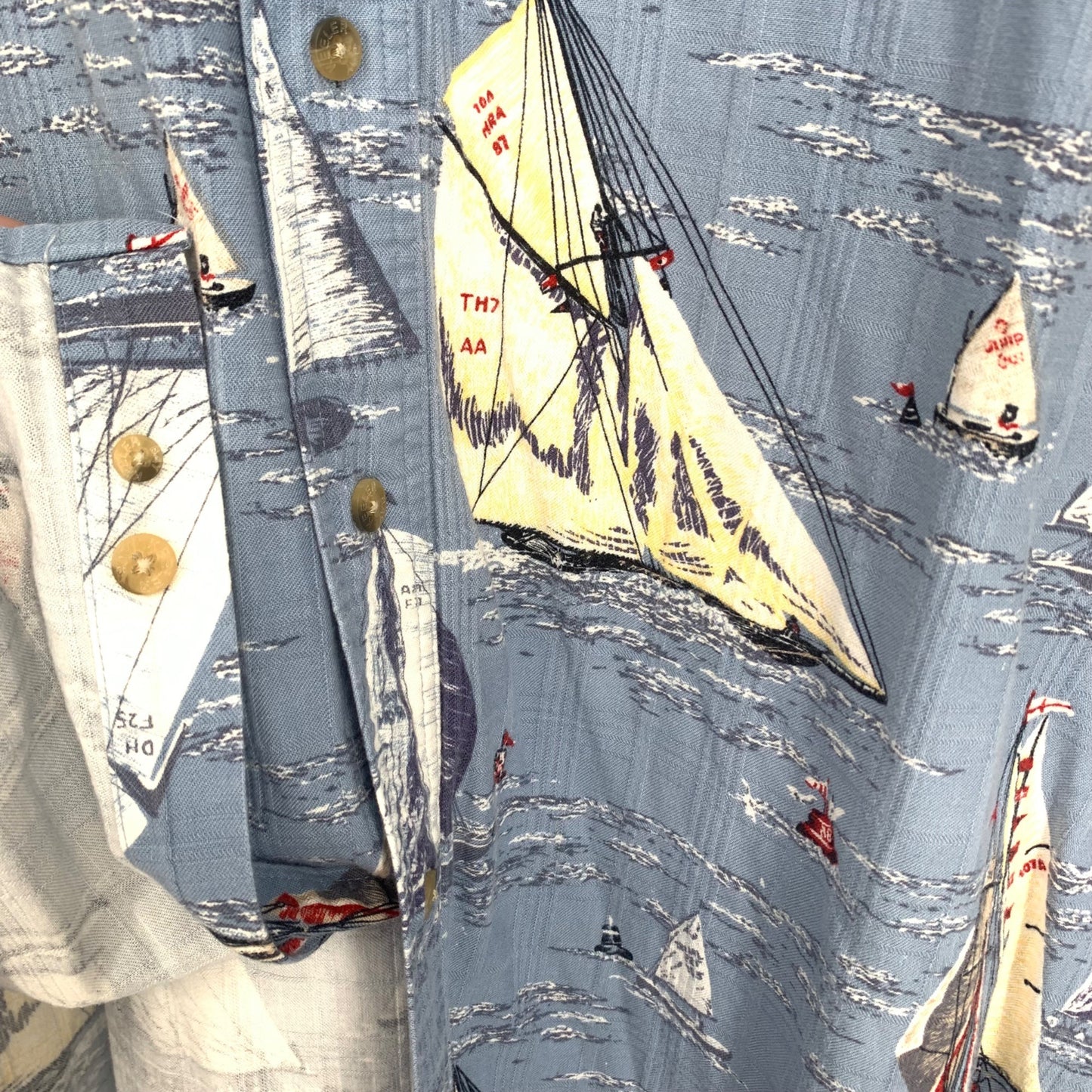 Keeler Bay XL Nautical Print Sail Boats Button Front Pocket Collar Short Sleeve