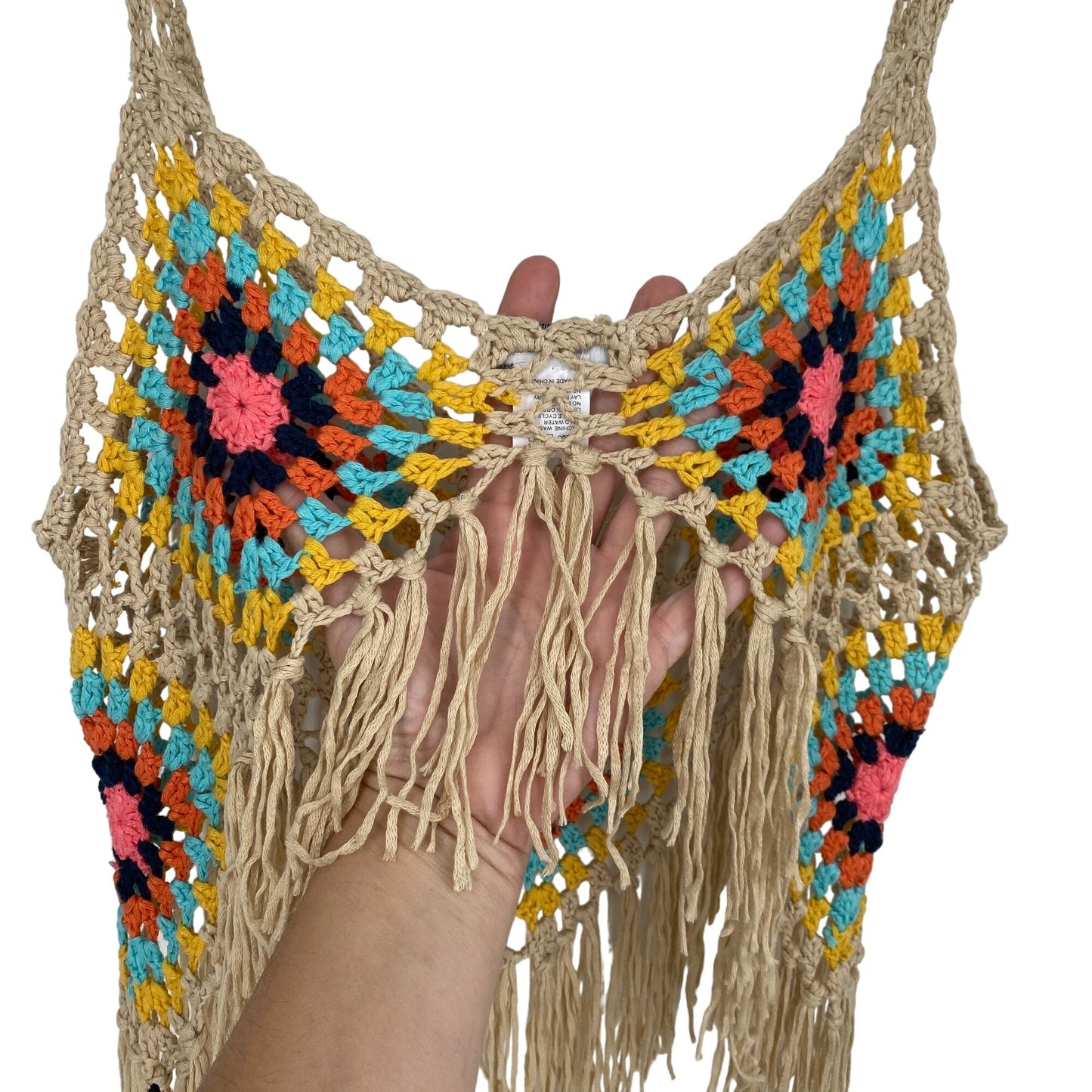 Vivid M Boho Crochet Fringe Tank Top Multicolored Patchwork Handcrafted Design