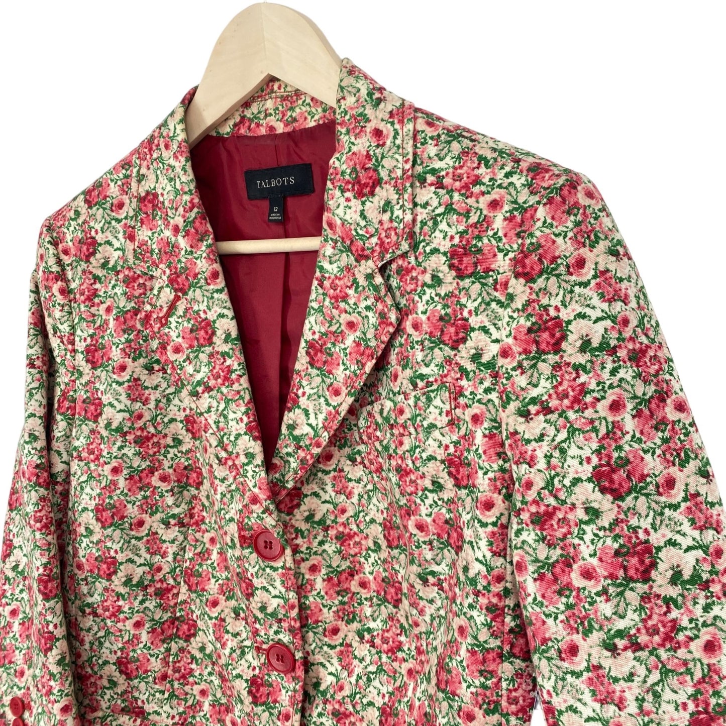 Talbots Womens 12 Floral Print Blazer 3 Button Closure Lined Pink Green White