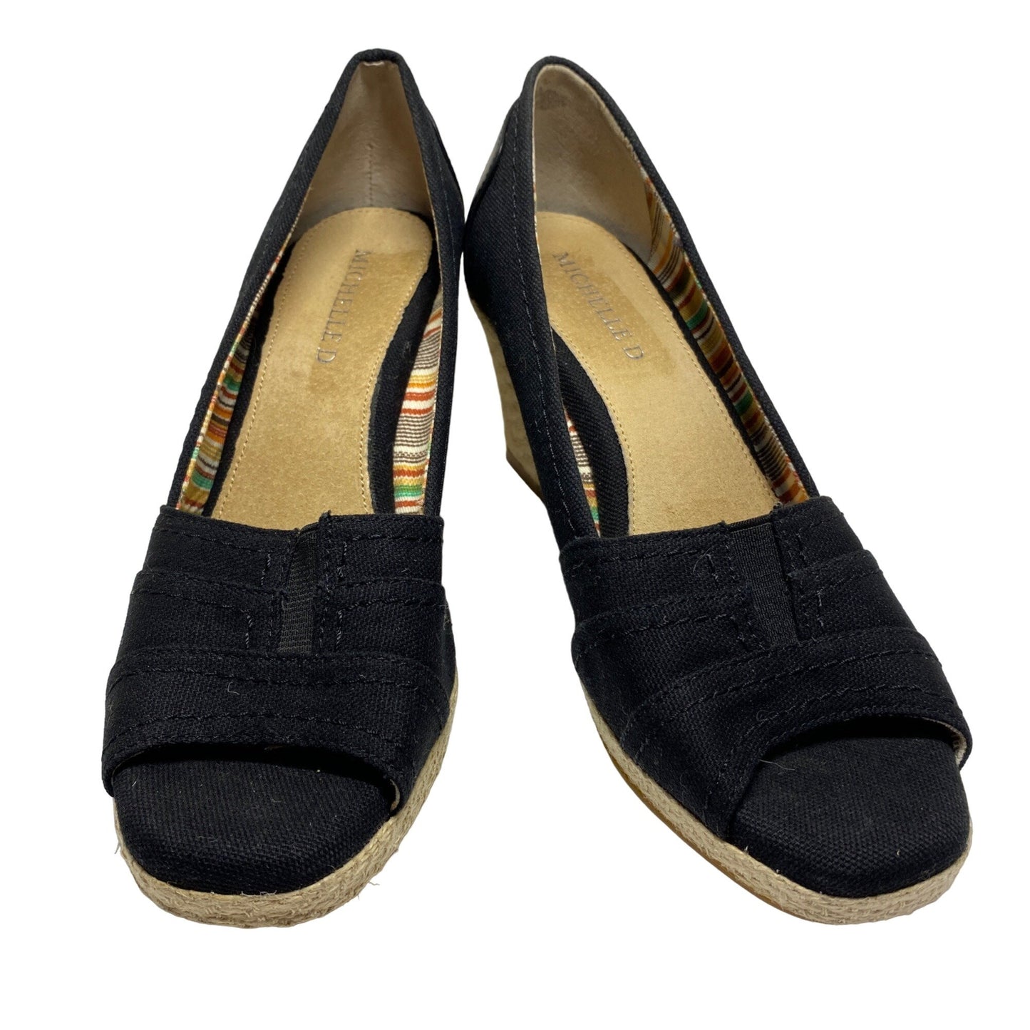 MICHELLE D 7.5 Black Espadrille Womens Open Toe Wedge Heels