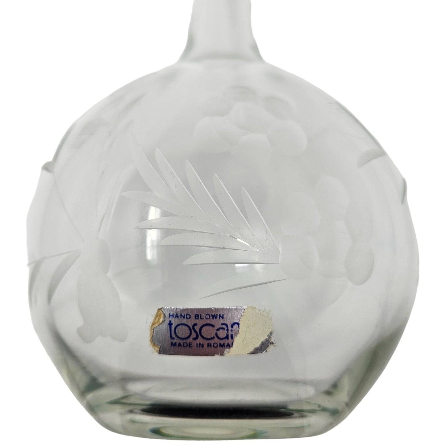 Vintage Bohemian Clear Glass Decanter Ball Stopper Etched Floral Fern 16" Bar