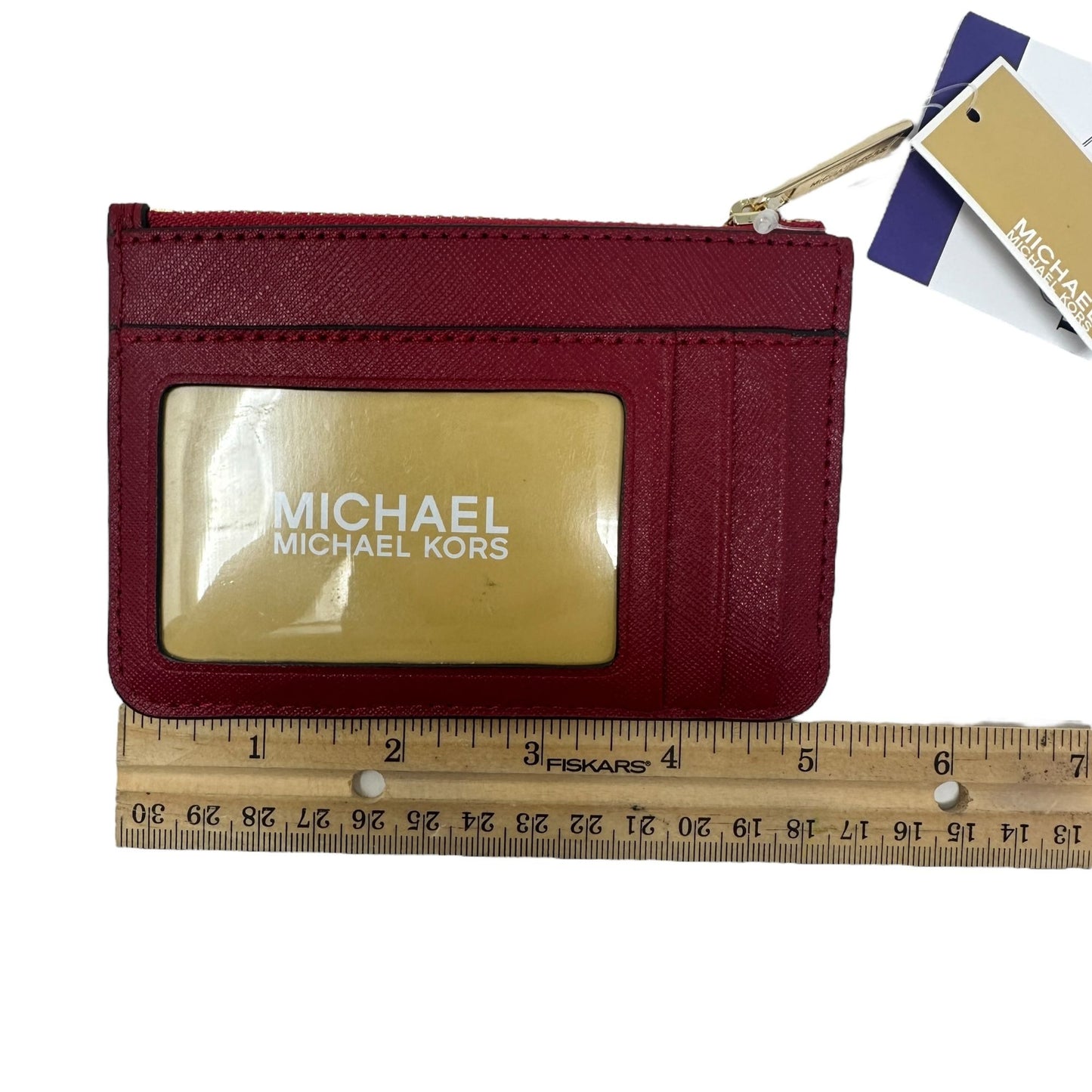 NWT Michael Kors Jet Set Travel Scarlet Leather Coinpouch Wallet Gold Accents