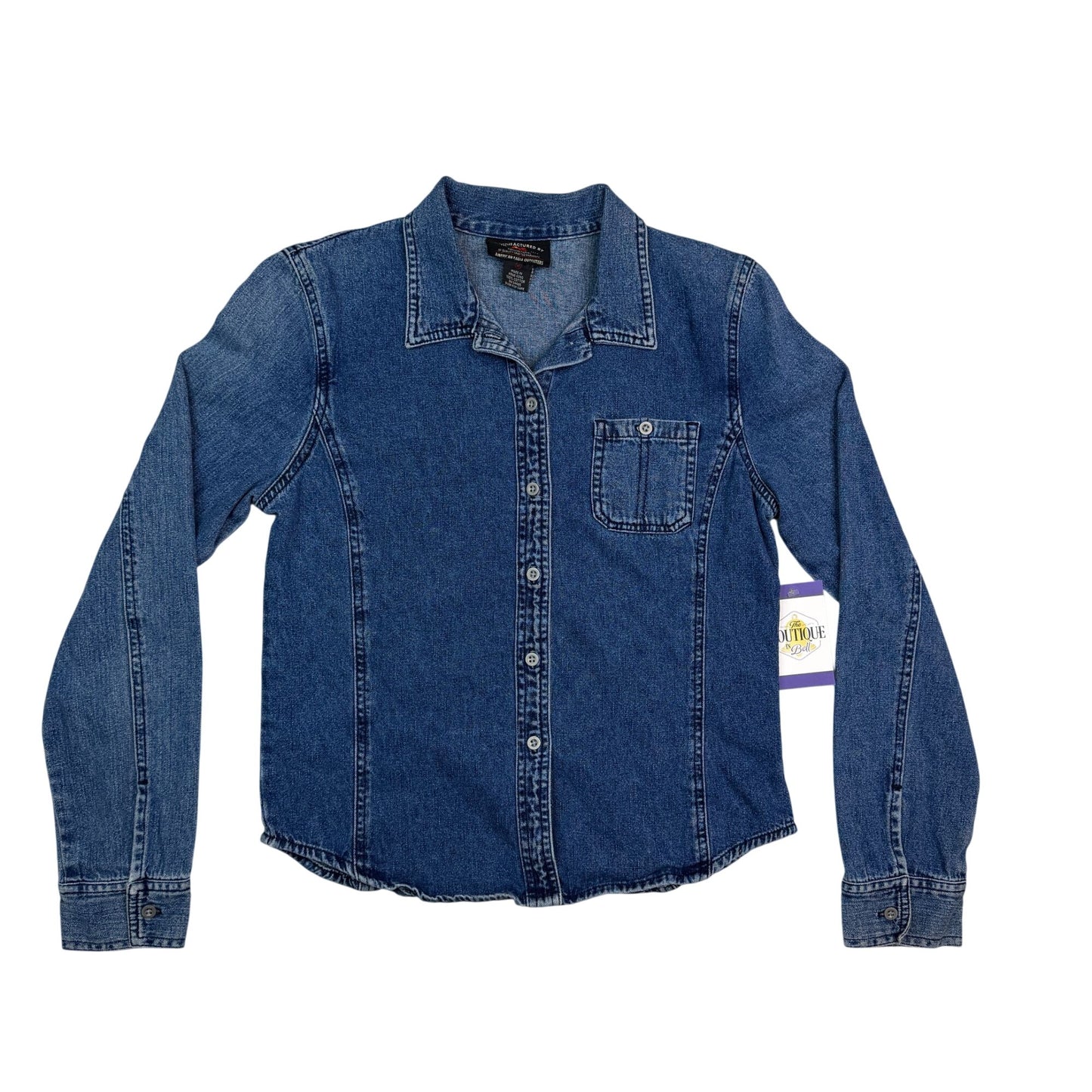 Vtg American Eagle Womens M Blue Denim Button Up Shirt Pocket Hong Kong Y2K