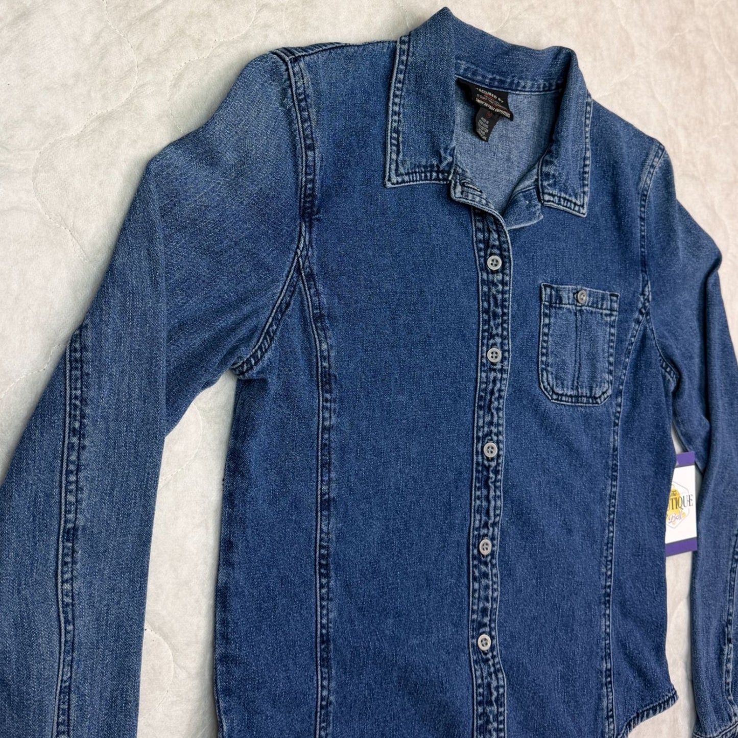 Vtg American Eagle Womens M Blue Denim Button Up Shirt Pocket Hong Kong Y2K