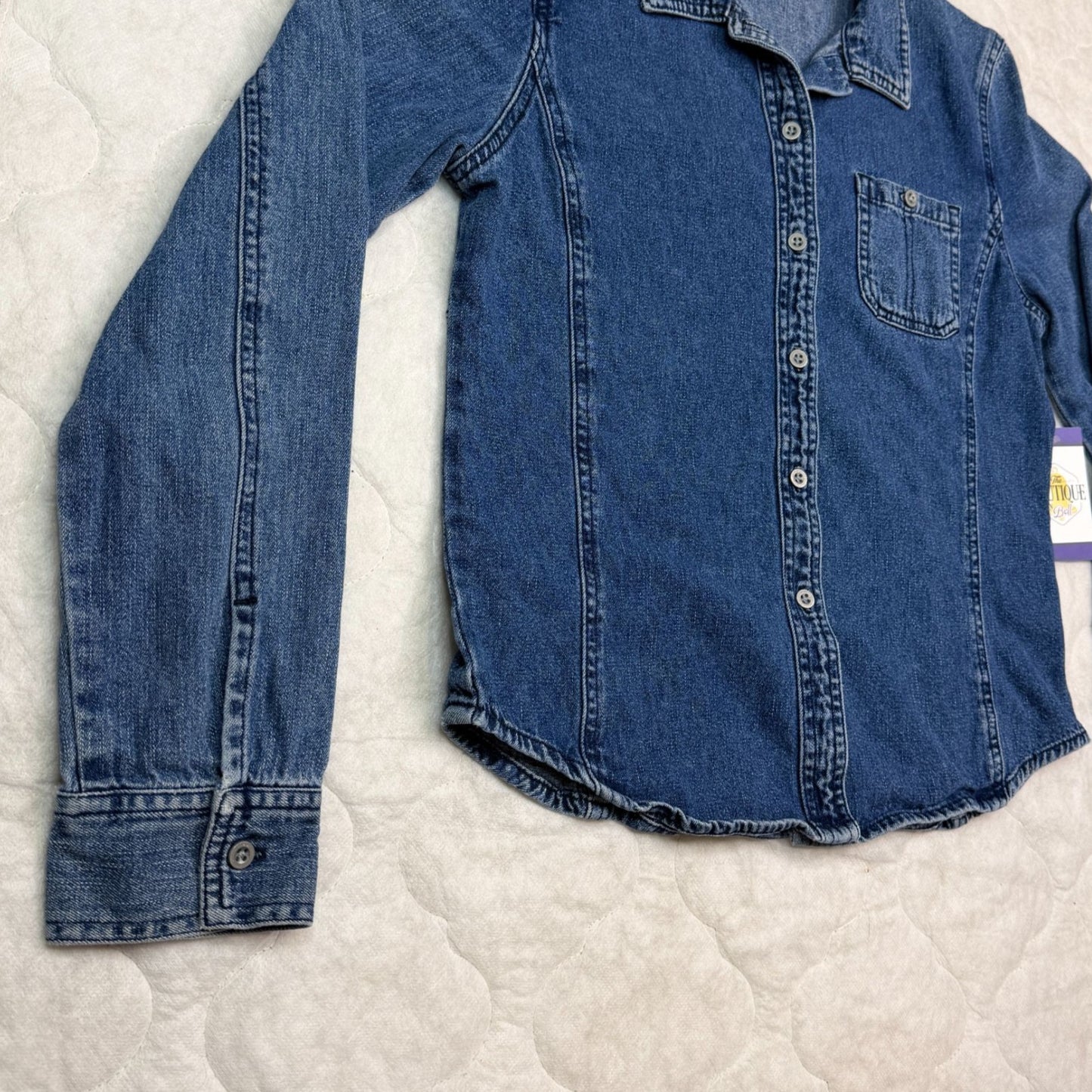 Vtg American Eagle Womens M Blue Denim Button Up Shirt Pocket Hong Kong Y2K