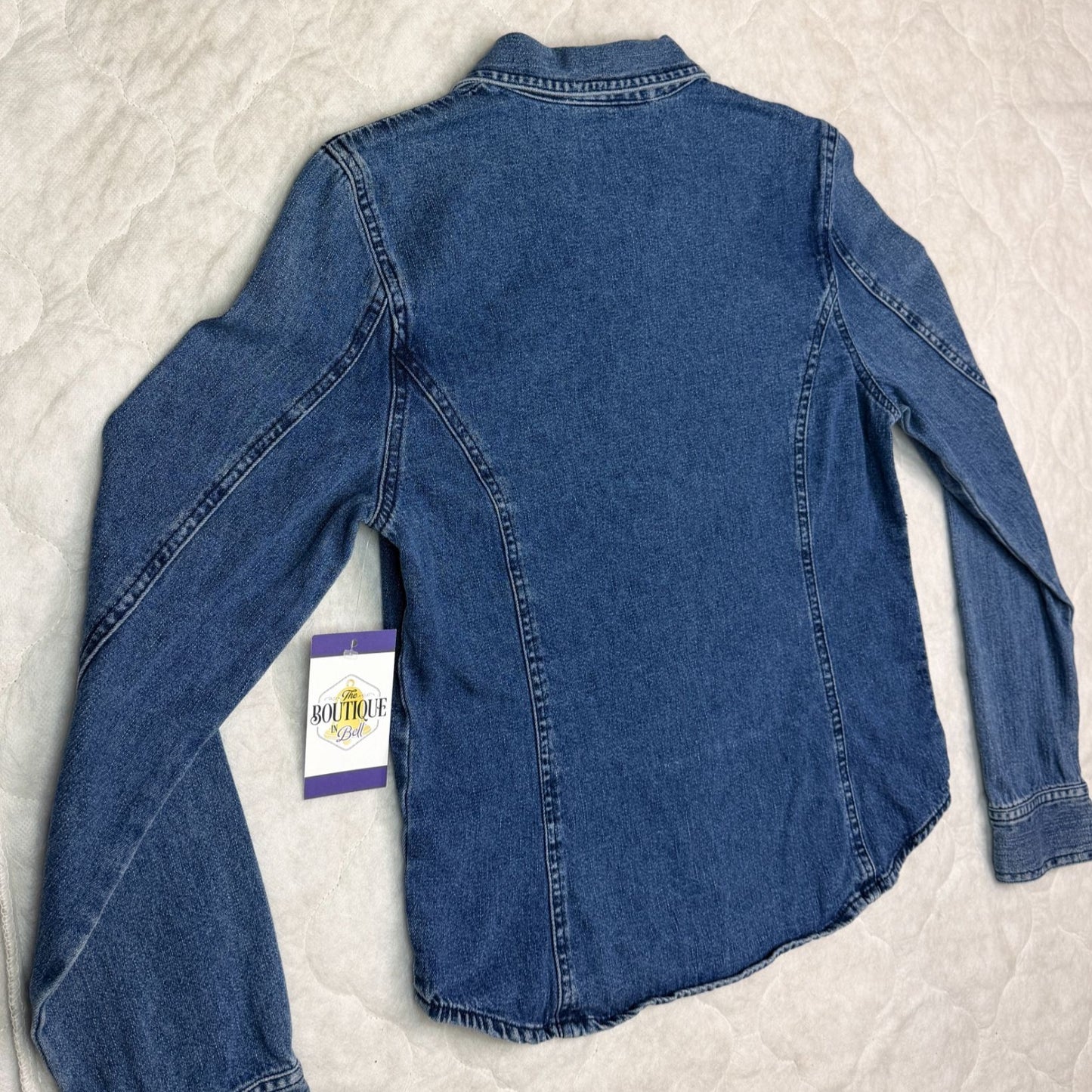 Vtg American Eagle Womens M Blue Denim Button Up Shirt Pocket Hong Kong Y2K