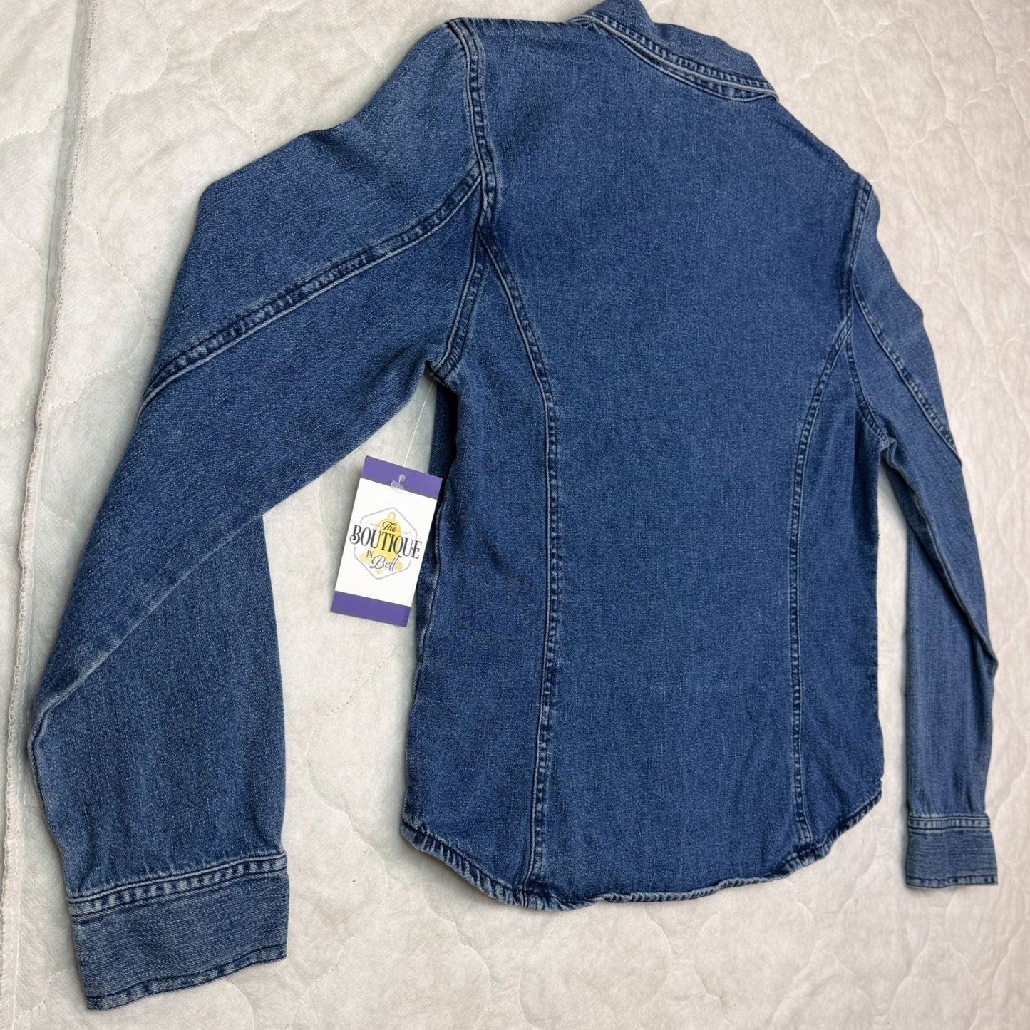 Vtg American Eagle Womens M Blue Denim Button Up Shirt Pocket Hong Kong Y2K