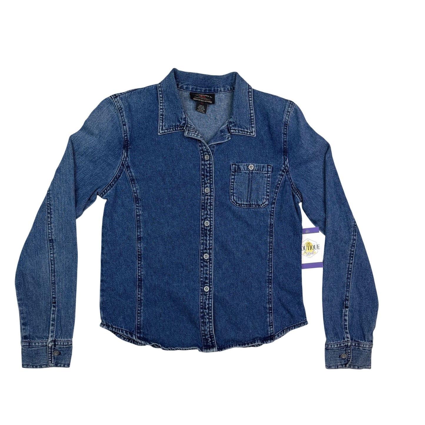 Vtg American Eagle Womens M Blue Denim Button Up Shirt Pocket Hong Kong Y2K