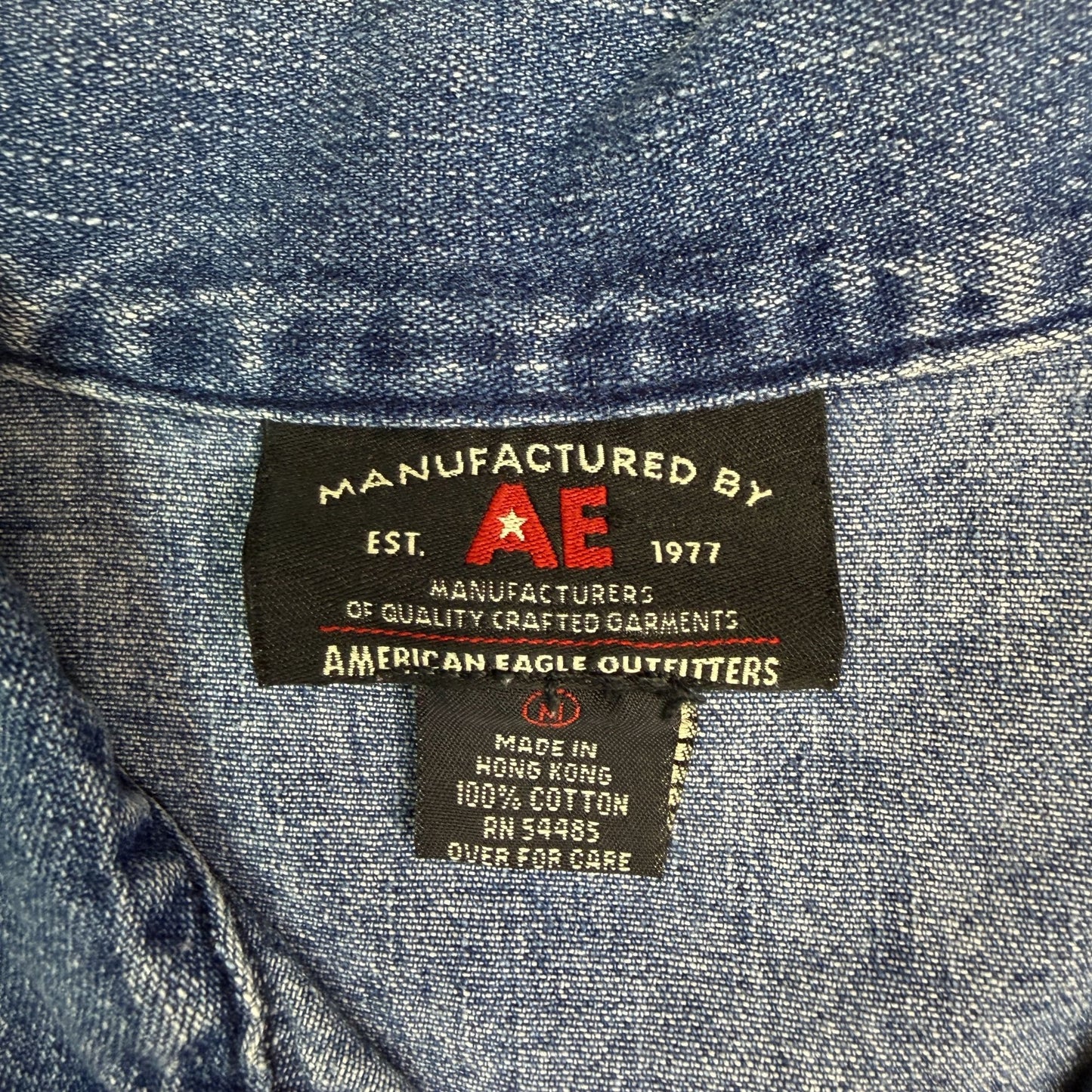 Vtg American Eagle Womens M Blue Denim Button Up Shirt Pocket Hong Kong Y2K