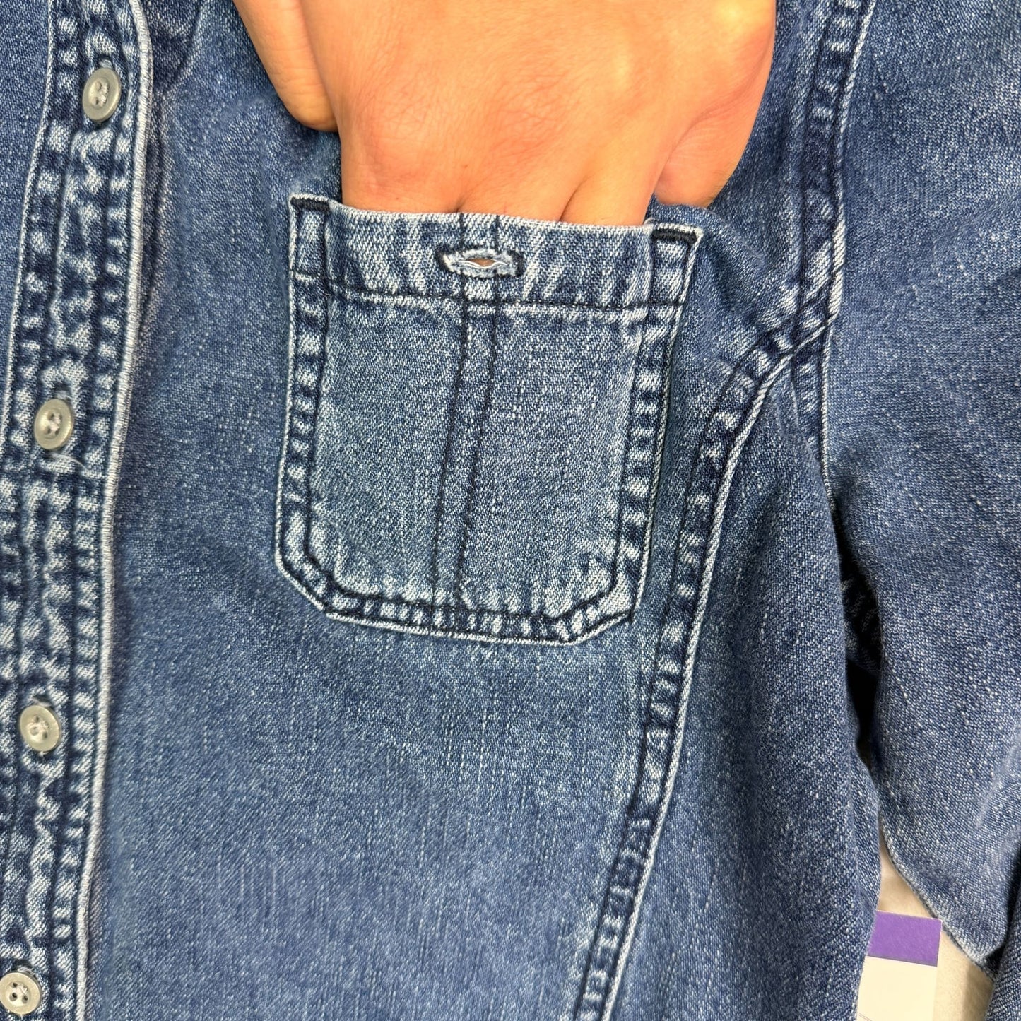 Vtg American Eagle Womens M Blue Denim Button Up Shirt Pocket Hong Kong Y2K