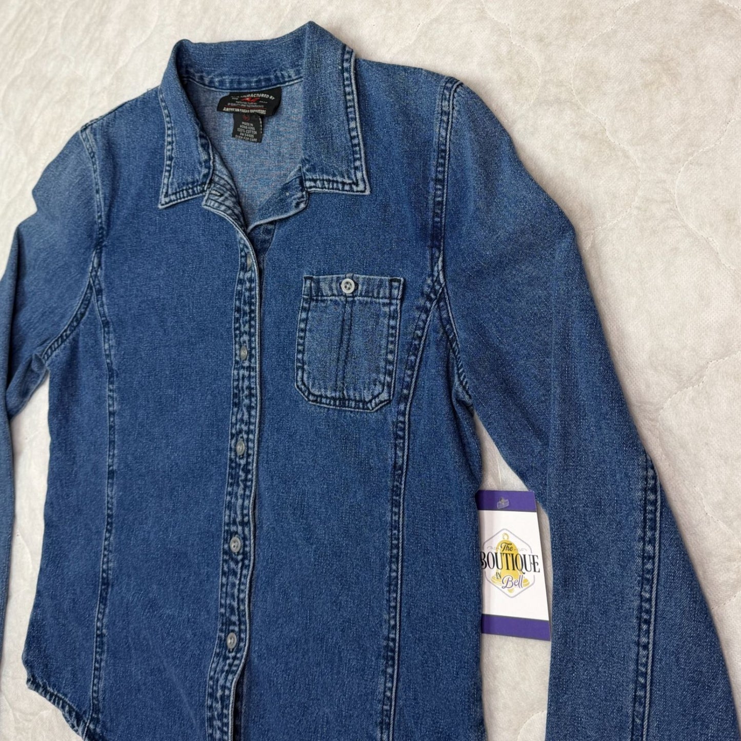 Vtg American Eagle Womens M Blue Denim Button Up Shirt Pocket Hong Kong Y2K