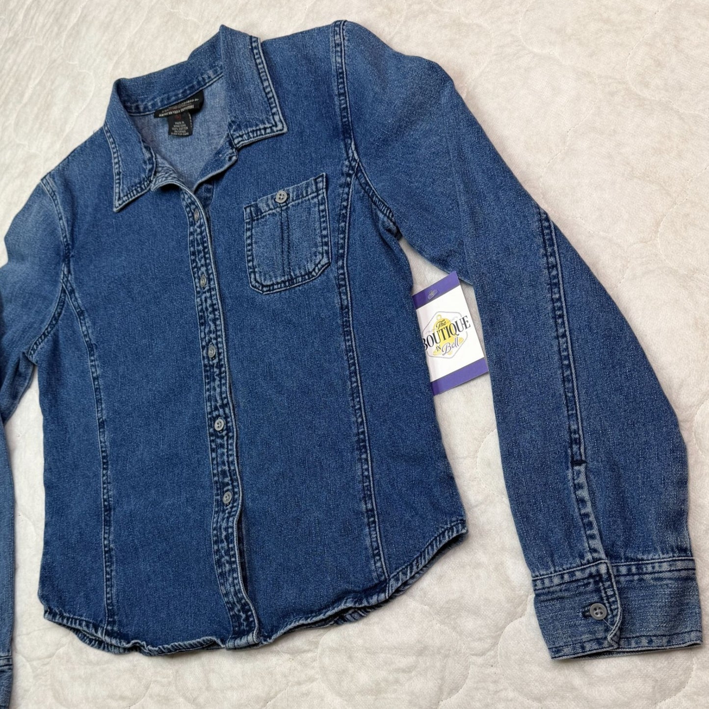 Vtg American Eagle Womens M Blue Denim Button Up Shirt Pocket Hong Kong Y2K