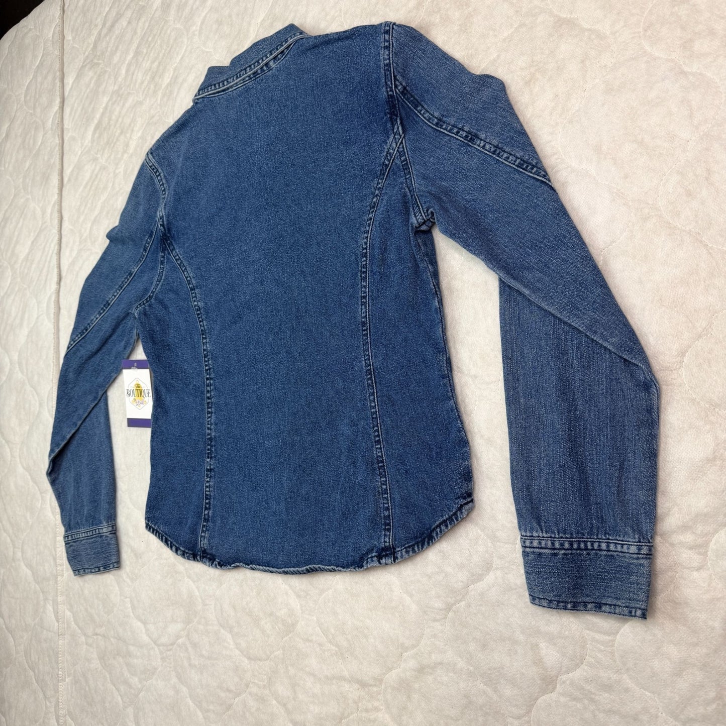 Vtg American Eagle Womens M Blue Denim Button Up Shirt Pocket Hong Kong Y2K