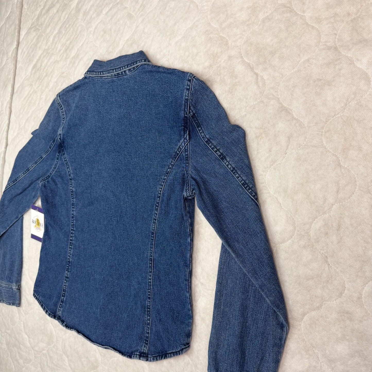 Vtg American Eagle Womens M Blue Denim Button Up Shirt Pocket Hong Kong Y2K