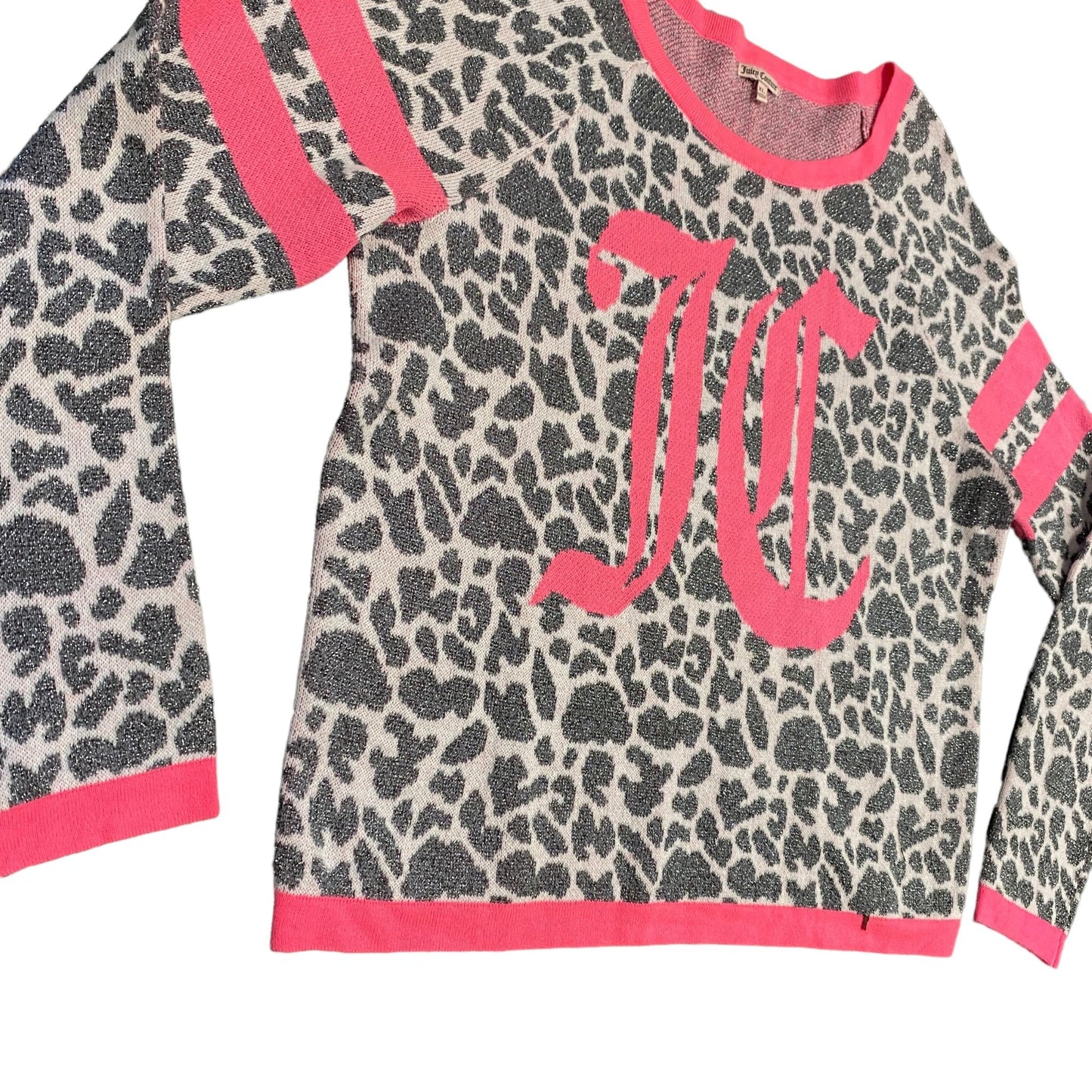 Juicy Couture Womens XL Metallic Leopard Print Pullover Sweater Pink Logo Gray