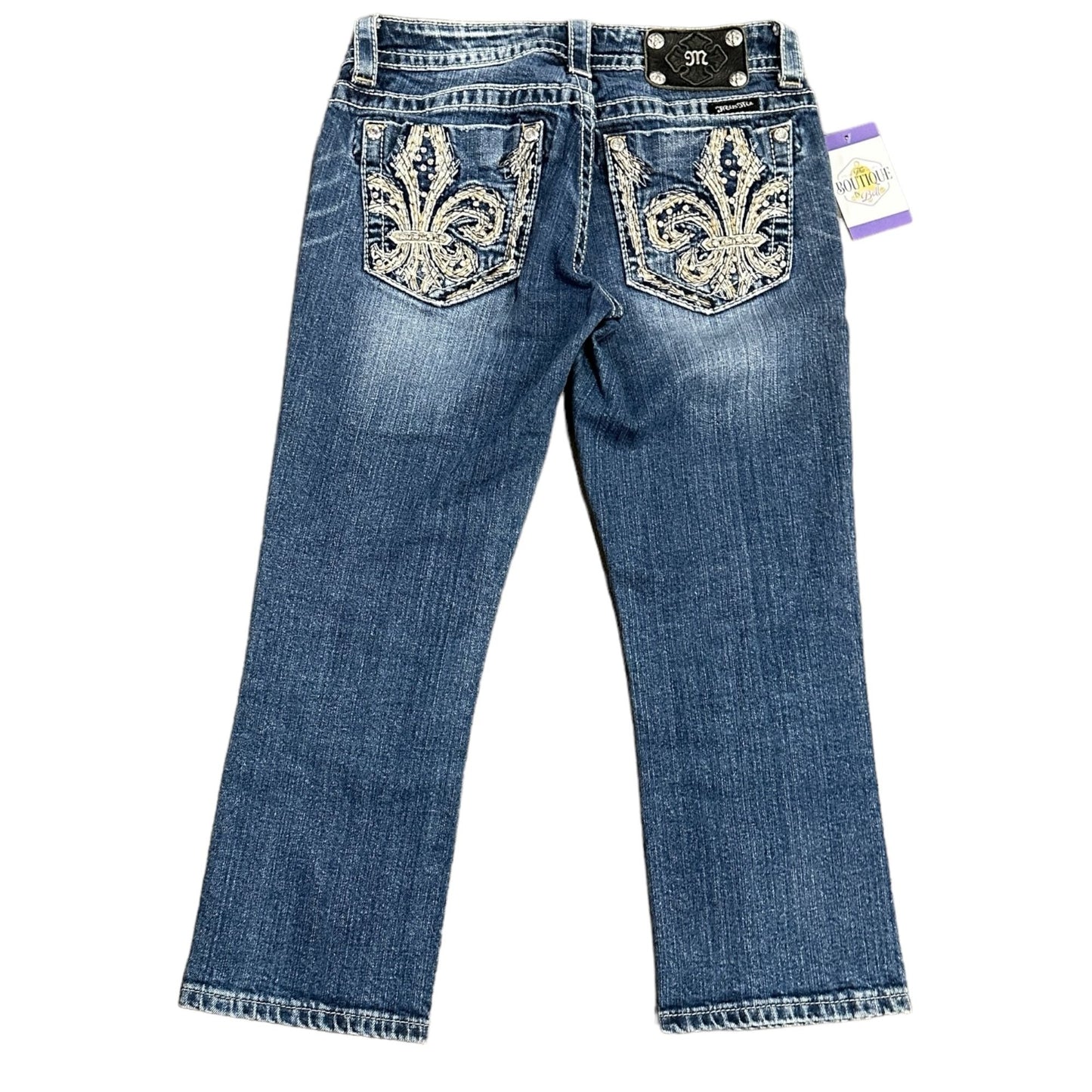 Miss Me 27 Capri Blue Jeans Fluer De Lis Embroidered Bling Distressed Studs