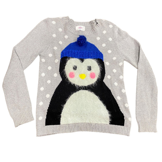 Justice Girls 18 Gray Fuzzy Penguin Sweater Tight Knit Long Sleeves Snow Winter