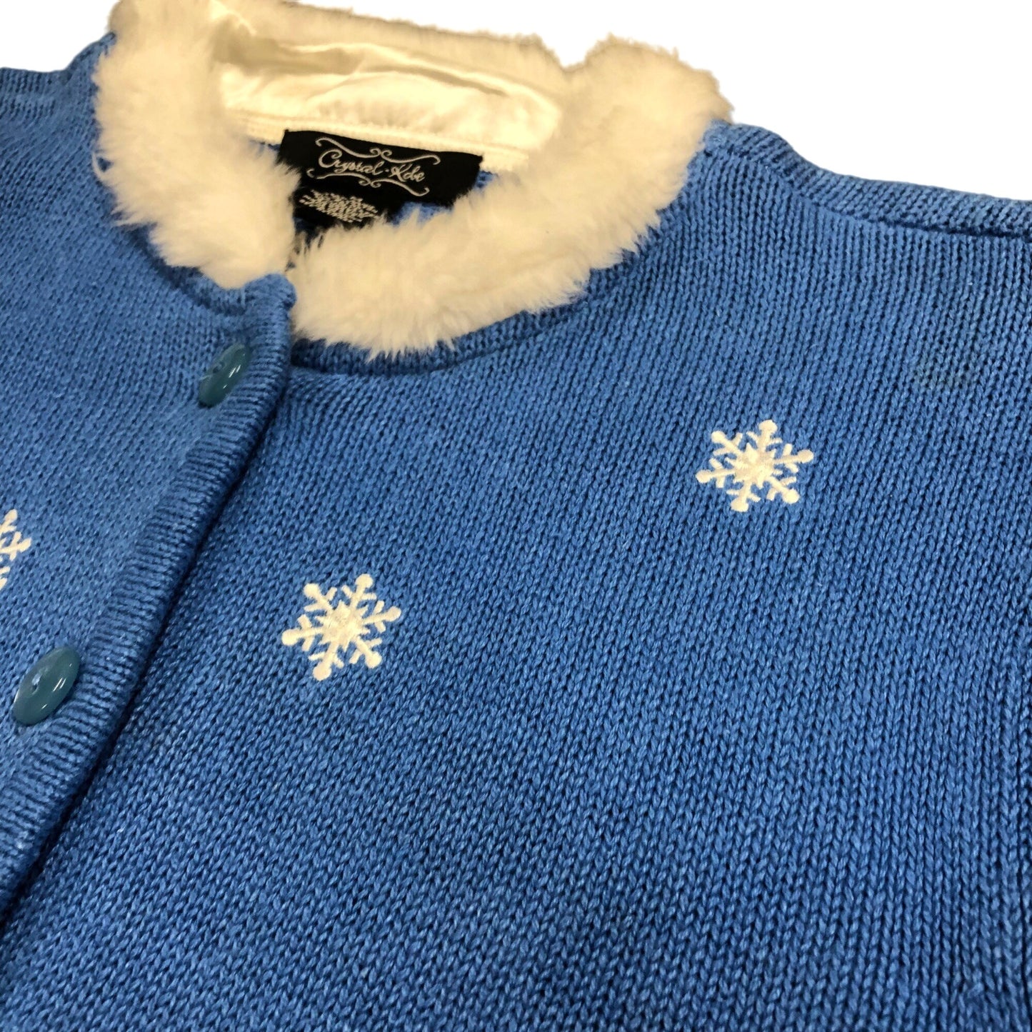 Vintage Crystal Kobe M Blue Front Button Sweater Christmas Tree Faux Fur Trim