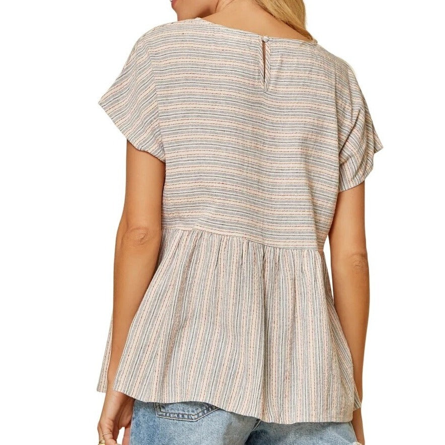 Andree By Unit L Linen Cotton Babydoll Top Summer Monica Stripe Blue Rust