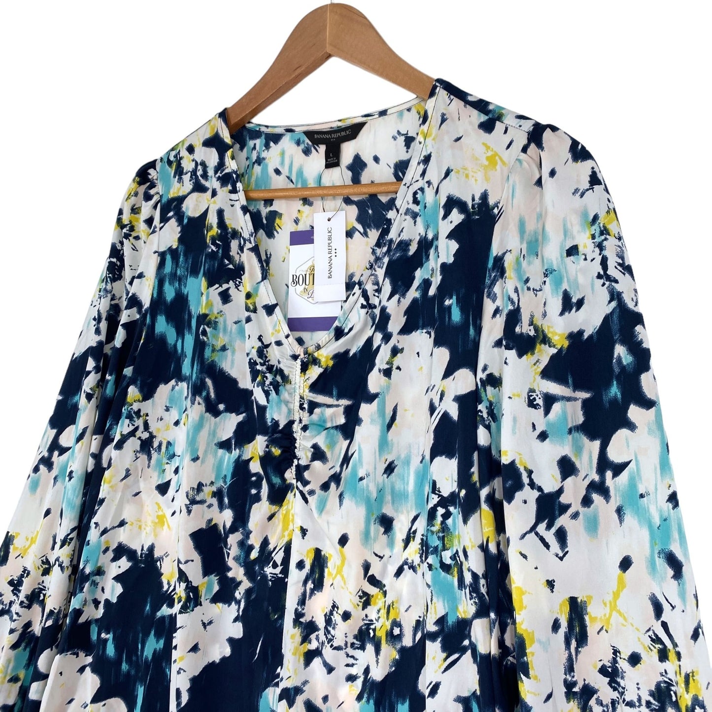 NWT Banana Republic L Top Abstract Floral Career Navy Long Sleeve Ruched VNeck