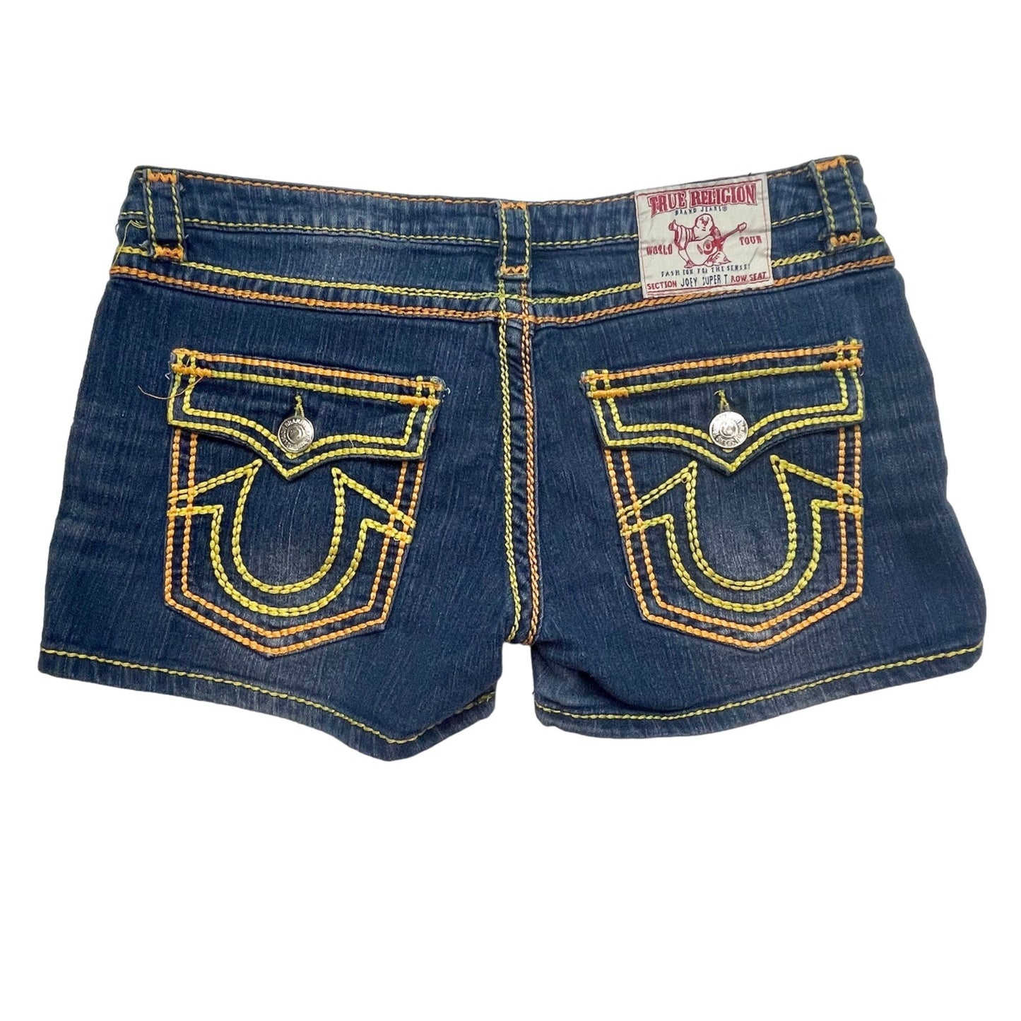 True Religion Womens 32 Joey Super T Shorts Blue Denim Thick Yellow Stitching