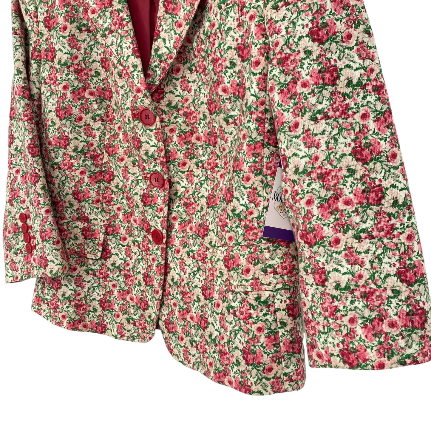 Talbots Womens 12 Floral Print Blazer 3 Button Closure Lined Pink Green White