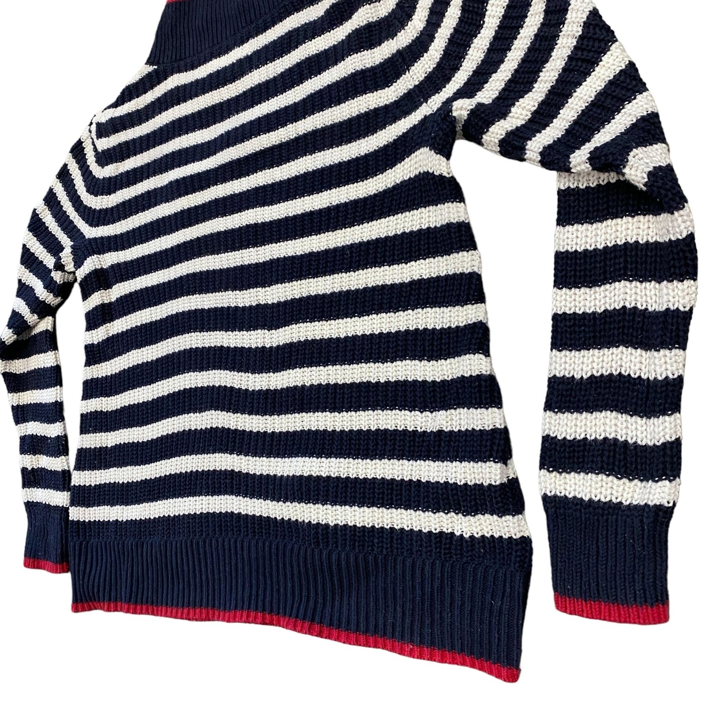 LOFT S Striped Sweater Blue Red White Mock Neck Boyfriend Cable Knit Ribbed