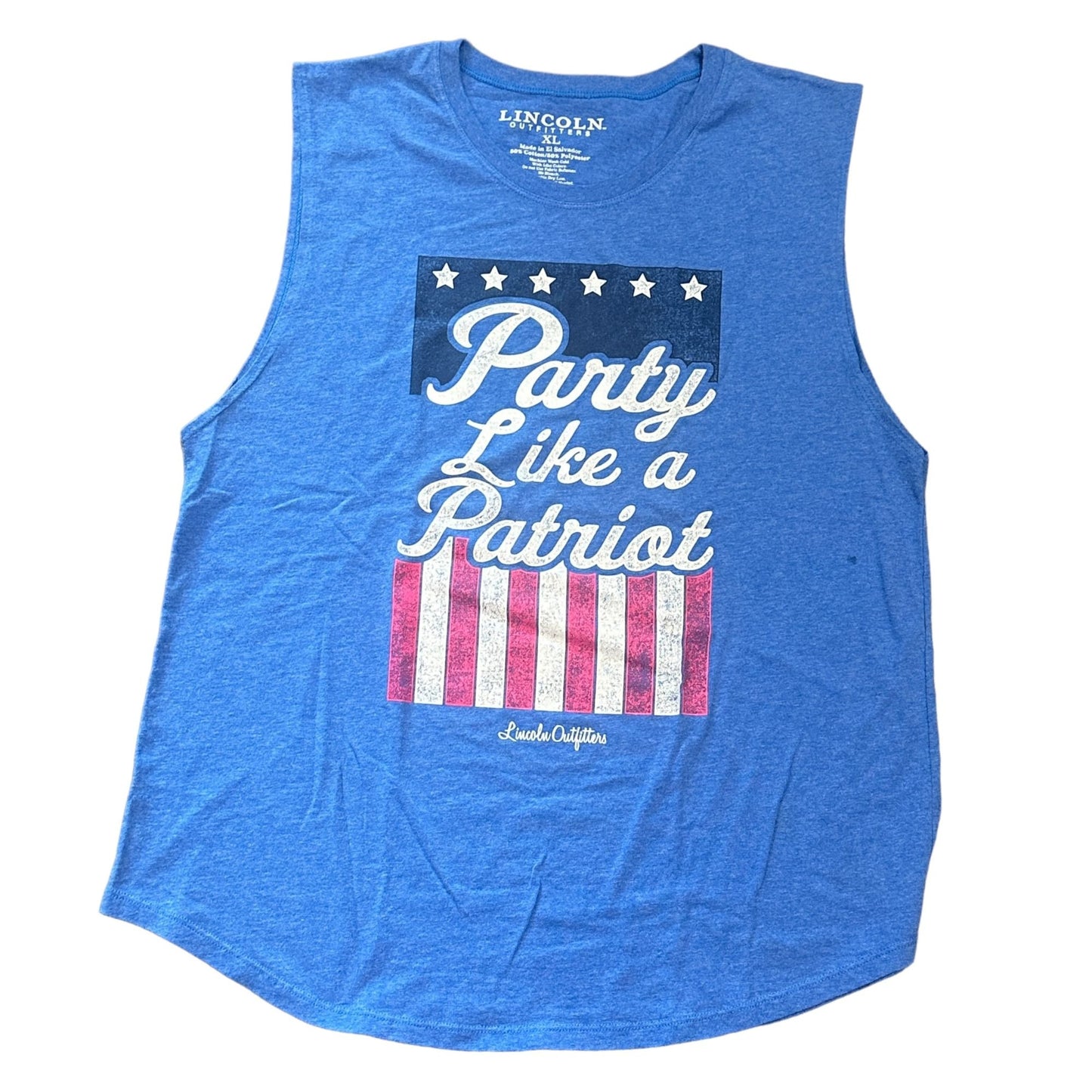 Womens XL Party Like a Patriot Sleeveless Tee Blue Tank Stars Stripes USA