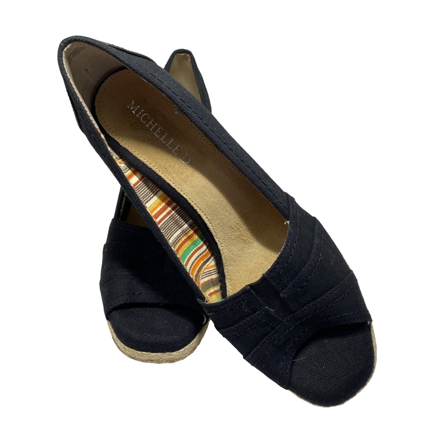 MICHELLE D 7.5 Black Espadrille Womens Open Toe Wedge Heels