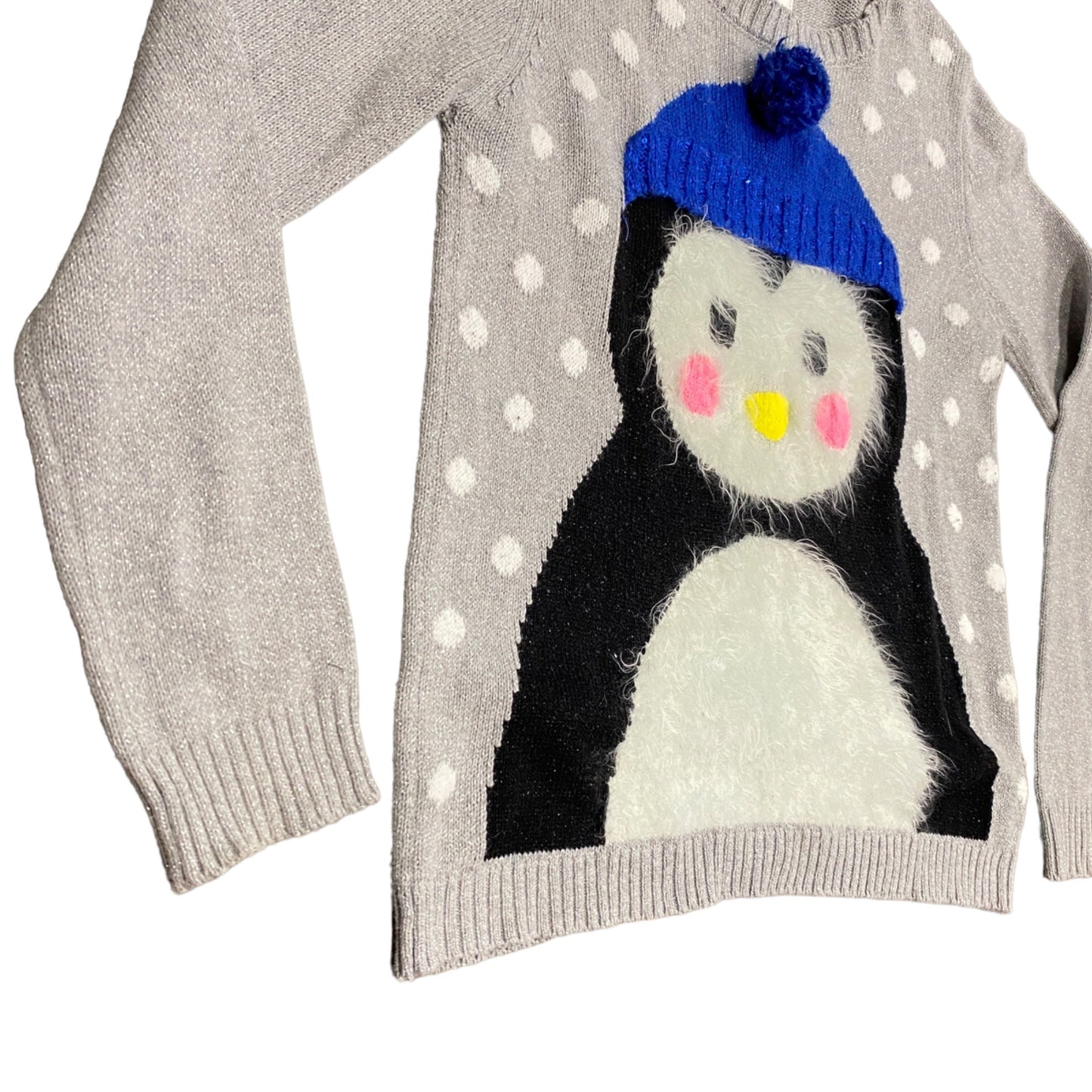 Justice Girls 18 Gray Fuzzy Penguin Sweater Tight Knit Long Sleeves Snow Winter