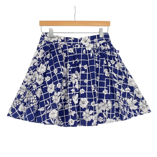 Express 6 Windowpane Floral Skirt Blue White Pleated Pockets Stretch Side Zip