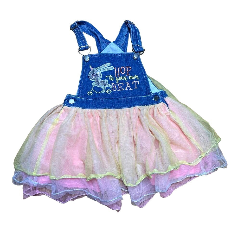 Demin Overall Easter Dress 4T Tutu Skirt Sequin Bunny "Hop to Your Own Beat"