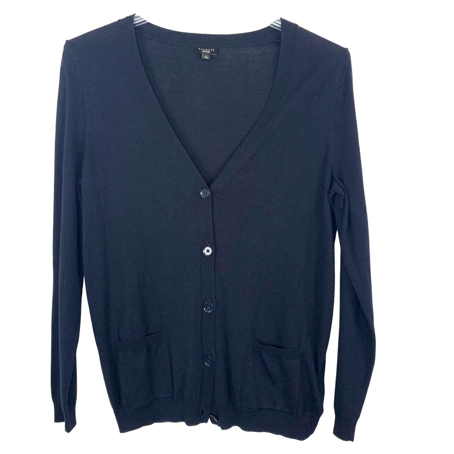 NWOT Talbots Womens M Cardigan Sweater Dark Blue VNeck Long Sleeve Patch Pockets